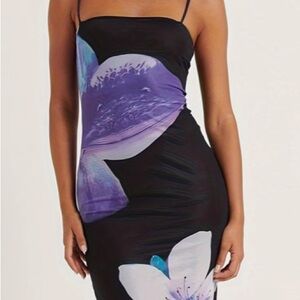 Women's Long Black Floral Slip Dress with Purple Accent. M